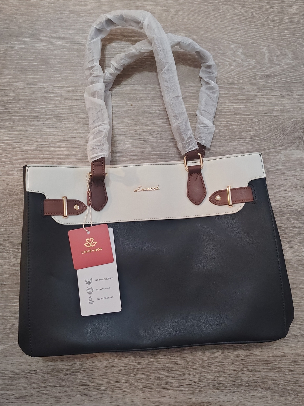LOVEVOOK Black and Cream Tote with Brown Trim
